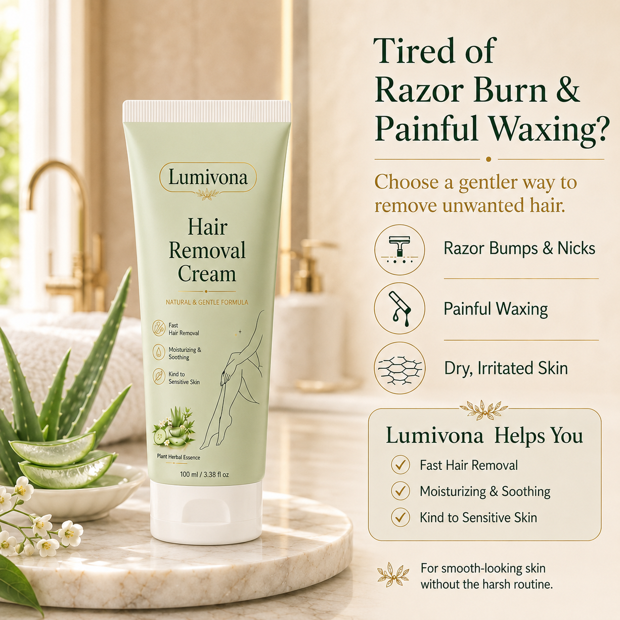 Lumivona™ Natural Gentle Hair Removal Cream | For Women & Men, Sensitive Skin